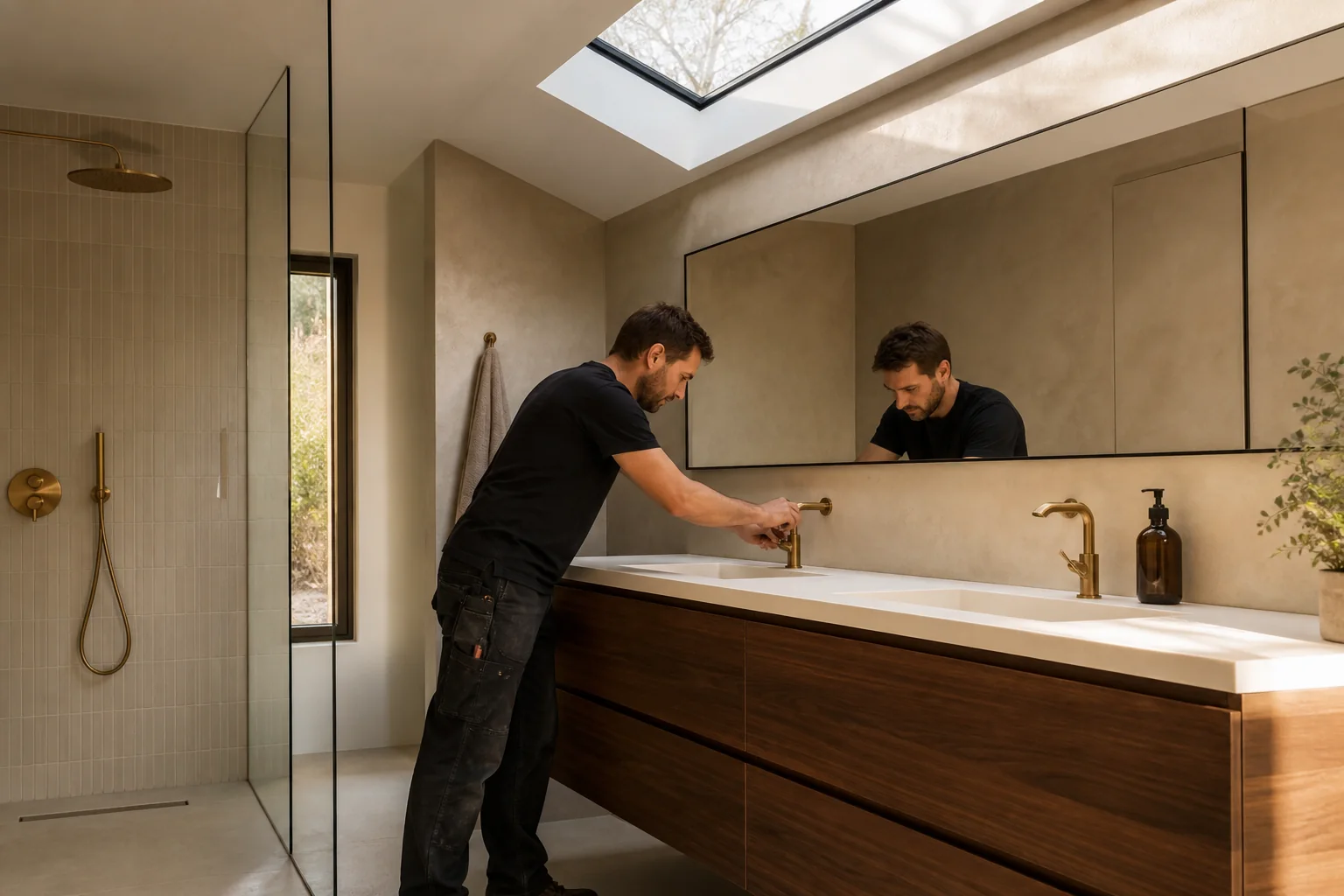 Vakman werkt de waterdichting van een douche zorgvuldig af
